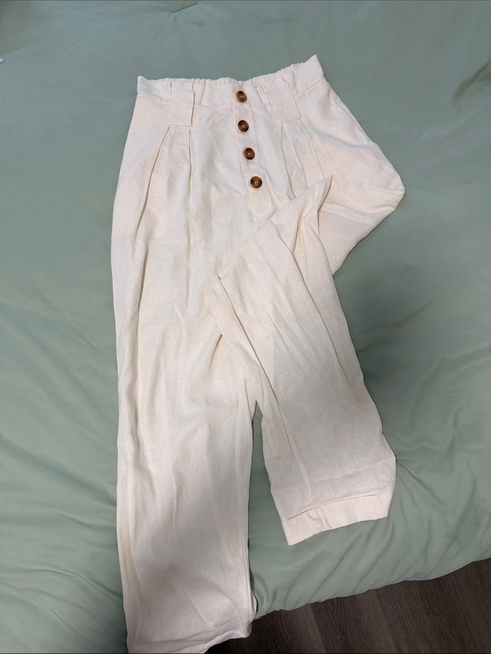 FHigh-Waist Cream Paperbag Trousers with Button Front
